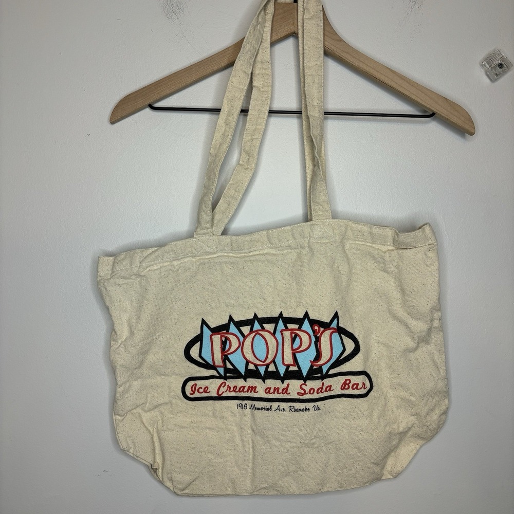 Canvas Tote Bag Pops Ice Cream And Soda Bar Beige Utility Logo Roanoke Virginia